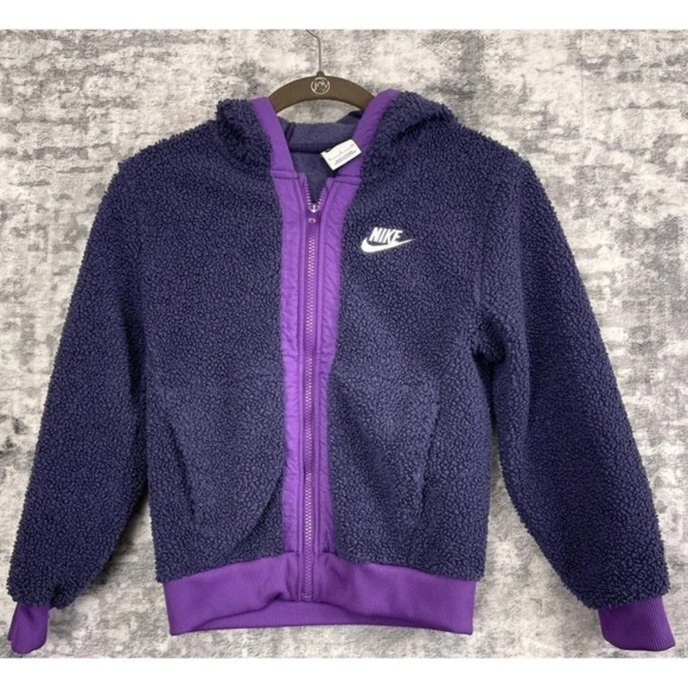 Nike Sherpa Fleece Jacket Child Small Purple Full Zip Hoodie‎ Warm Winter Coat